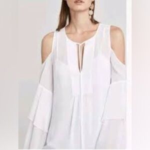 BCBG White Sheer  cold-shoulder blouse Boho belle sleeves tie-front neckline